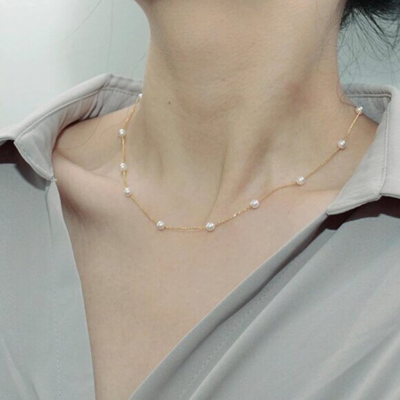 Gold Pearl Choker Necklace Beaded Chain Dainty Jewelry for Women Wedding Gift - Picture 3 of 7